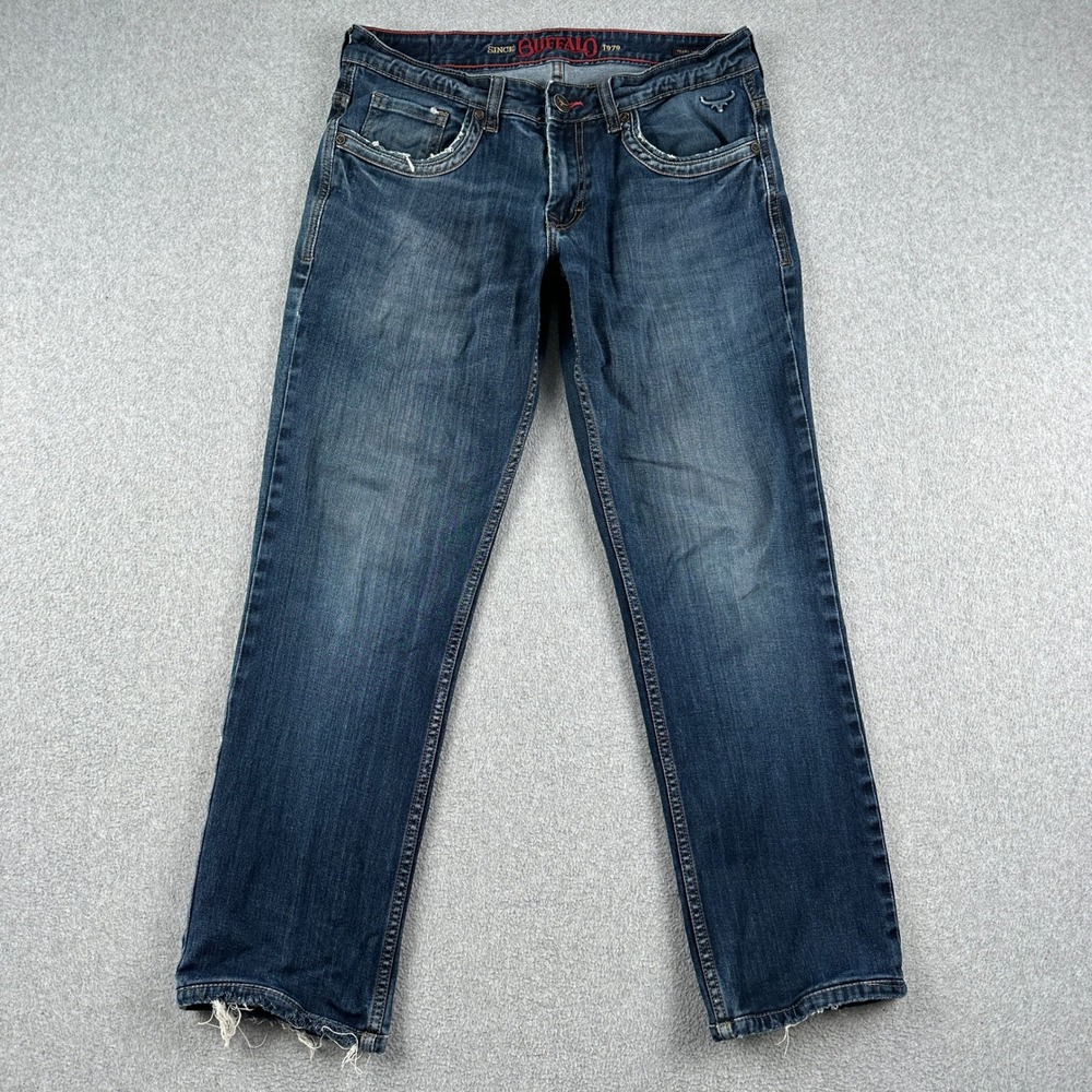 Buffalo Jeans Mens 32x28 Texas Low Straight Blue Distressed Denim